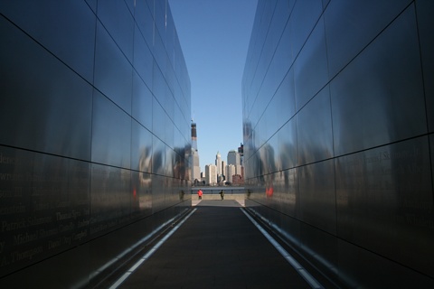 sighting down the Empty Sky memorial, toward the World Trade Center site