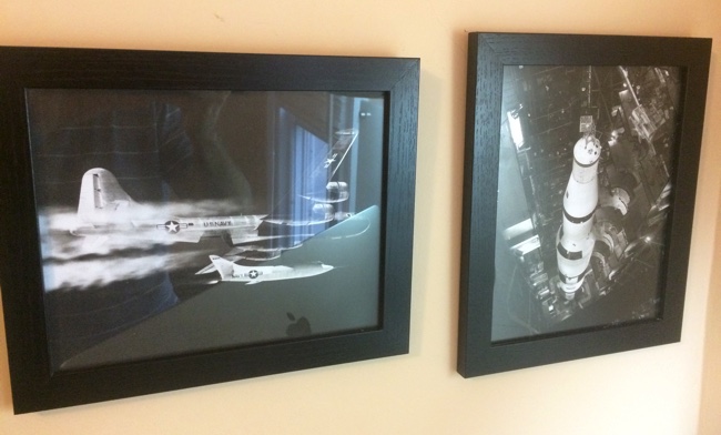 Framed pictures of D-558-2 and Saturn V